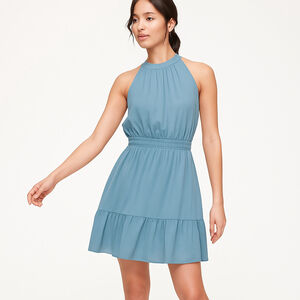 Aritzia Wilfred Effet Mini Dress Slate Blue Halter Ruffle Tiered Keyhole Back, S